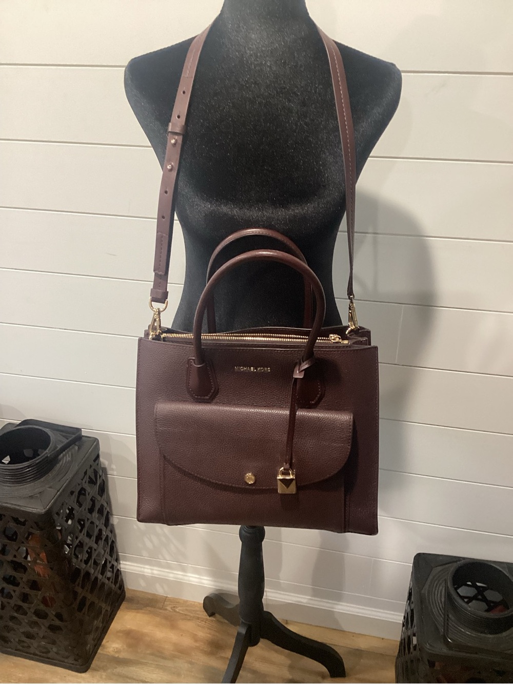 Michael Kors Maroon Pebbled Leather Satchel with Gold Hardware